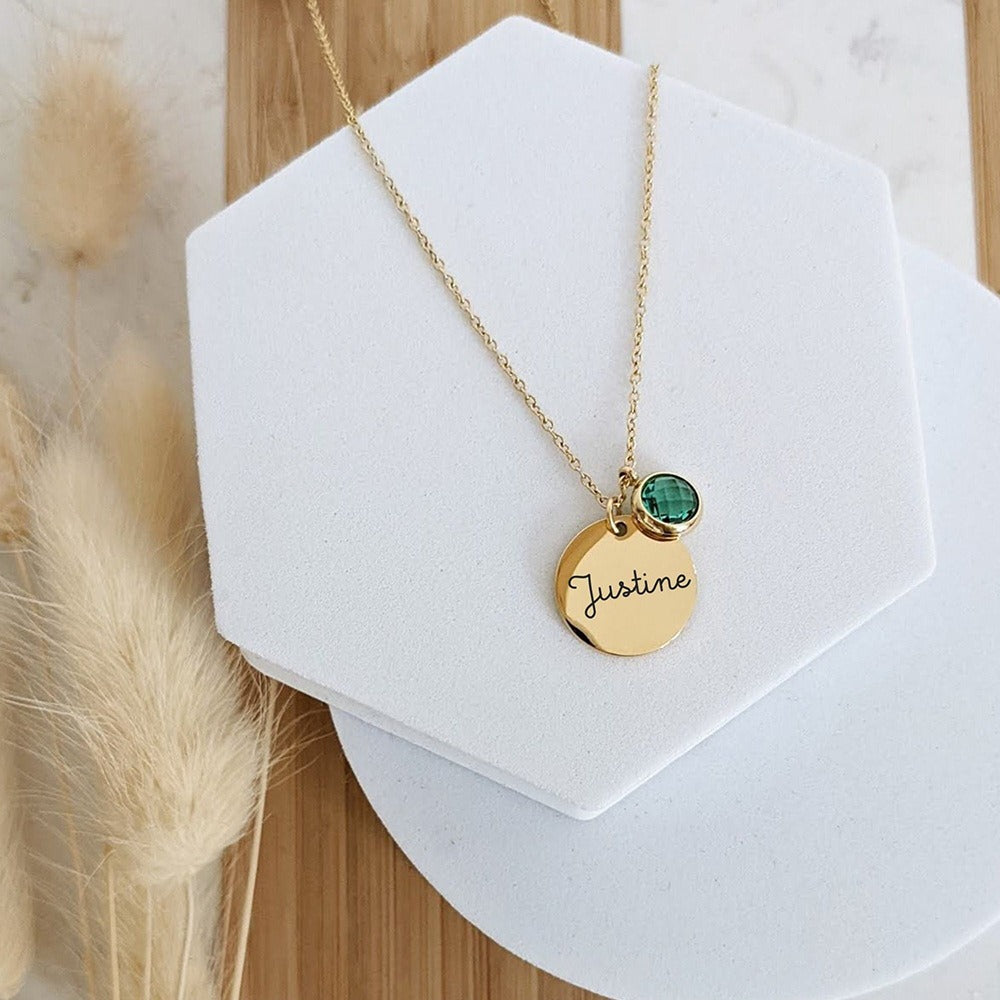 Personalized Elegance: The Round Engraved Birthstone Necklace