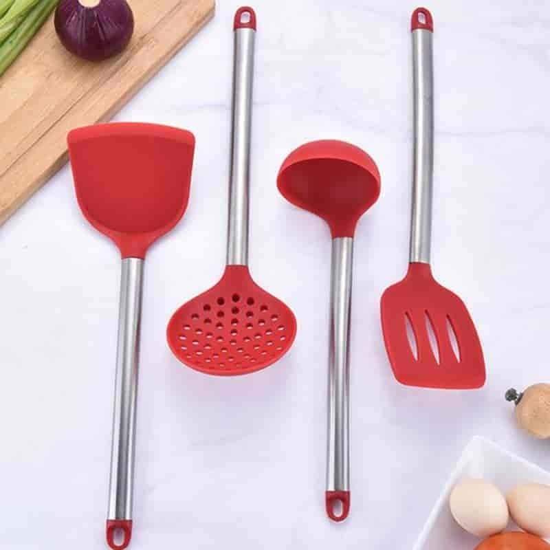 9pcs/set Stainless Steel Silicone Kitchen Utensil Set with Storage Bucket