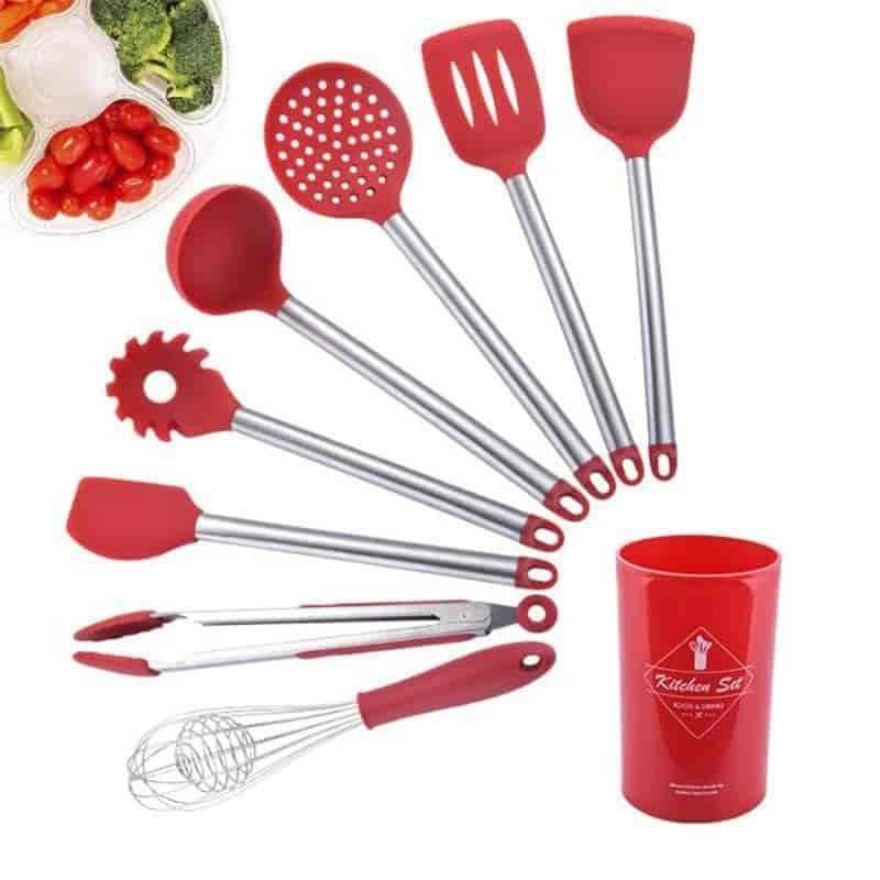 9pcs/set Stainless Steel Silicone Kitchen Utensil Set with Storage Bucket