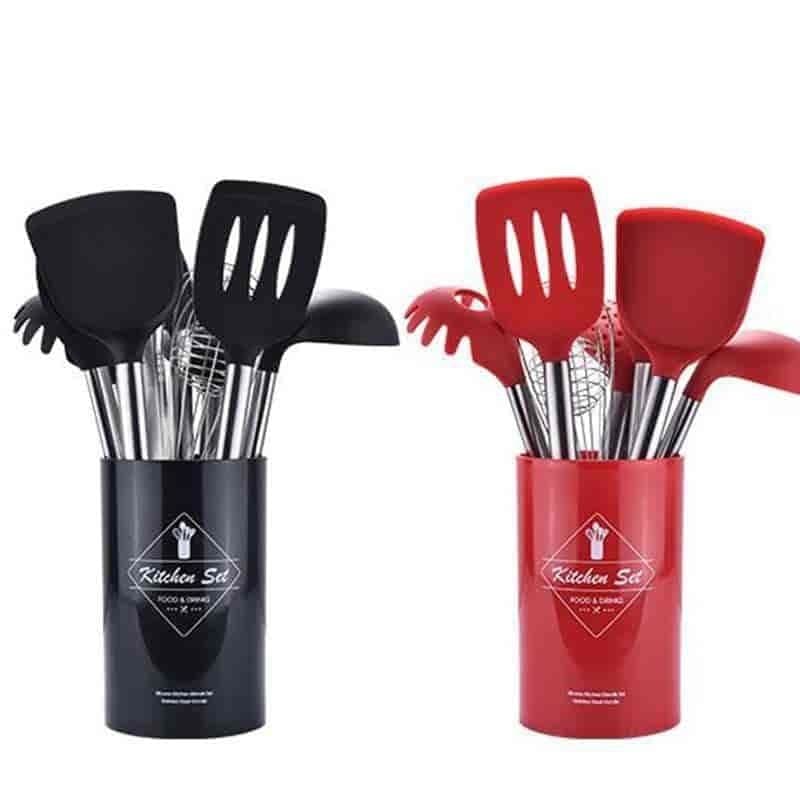 9pcs/set Stainless Steel Silicone Kitchen Utensil Set with Storage Bucket