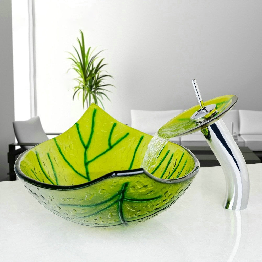 Glass Green Leaf Washbasin Glass Basin Sink Faucet With Mixer and Pop-up Drain