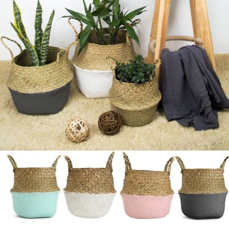 Bamboo Storage Baskets Foldable Laundry Seagrass Belly Garden Flower Pot Planter