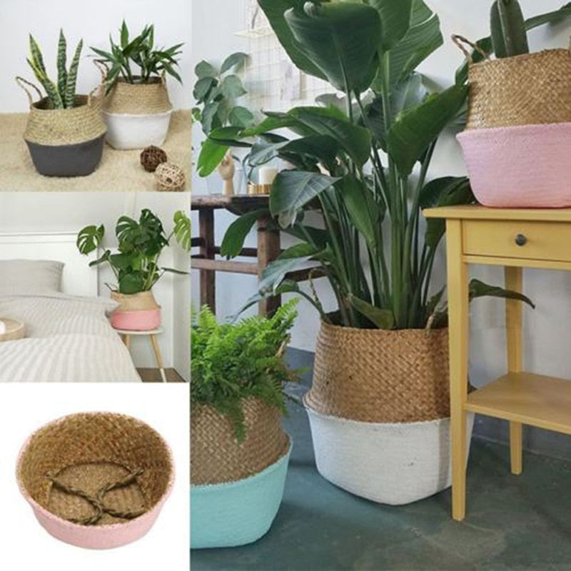 Bamboo Storage Baskets Foldable Laundry Seagrass Belly Garden Flower Pot Planter