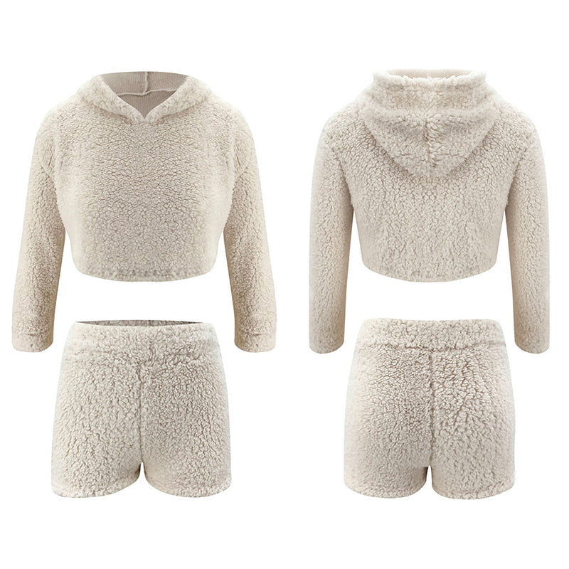 Plush Hoodies and High Waist Short Set