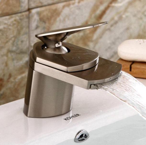 Brushed nickel single whole Aaron bathroom faucet.